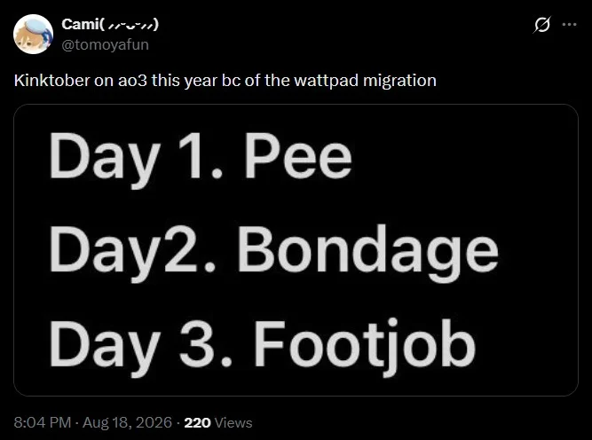 Tweet joking about Kinktober prompts on AO3 following the Wattpad migration