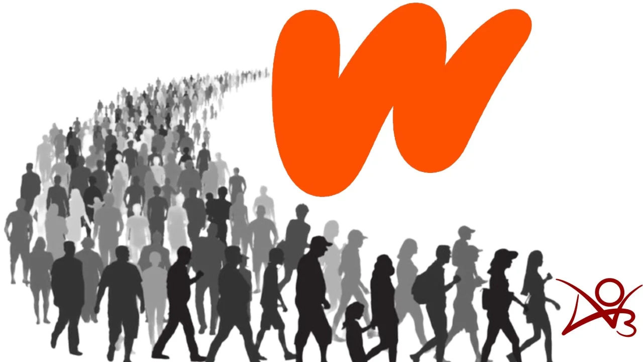 Wattpad Migration — Crowd of silhouetted people migrating from the Wattpad logo toward the AO3 logo