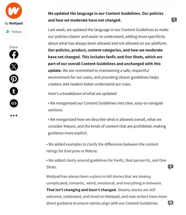 Wattpad Migration — Wattpad official statement about updated content guideline language