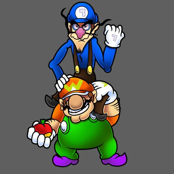 Wawario and Wawaluigi — Standalone digital render of Wawario, a bloated version of Wario in green overalls and orange cap.