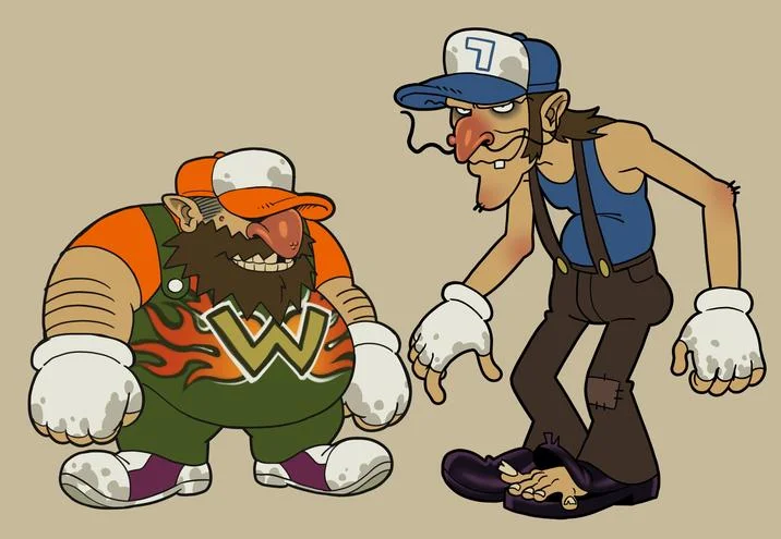 Side-by-side character renders of Wawario and Wawaluigi standing on a white background.