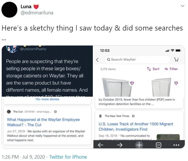 Wayfair Human Trafficking Conspiracy Theory — Composite of conspiracy tweet with news articles.