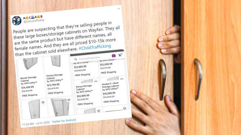 Wayfair Human Trafficking Conspiracy Theory — Composite of viral tweet with hands grasping cabinet.