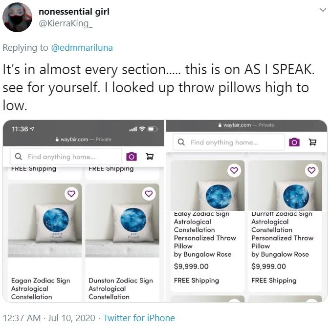 Wayfair Human Trafficking Conspiracy Theory — Tweet extending conspiracy to overpriced pillows.