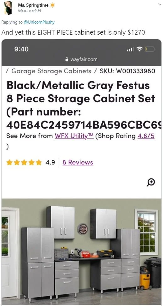 Wayfair Human Trafficking Conspiracy Theory — Reply showing affordable cabinet pricing countering claim.