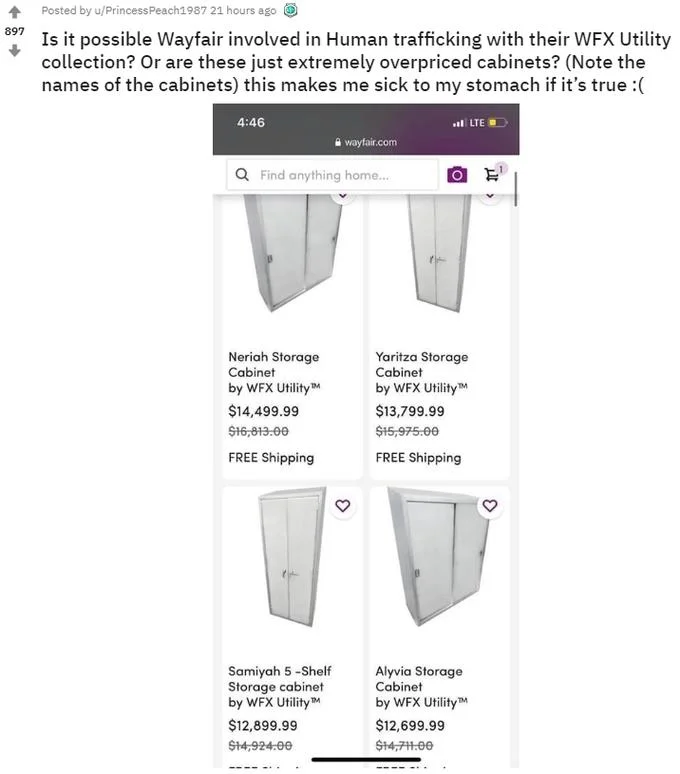 Wayfair Human Trafficking Conspiracy Theory — Reddit screenshot showing expensive cabinets with female names.