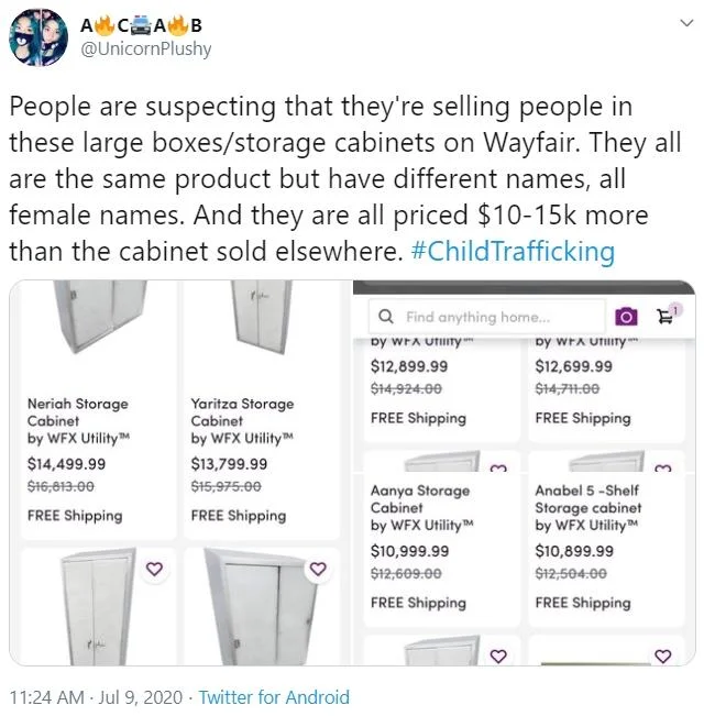 Wayfair Human Trafficking Conspiracy Theory — Viral tweet about Wayfair storage cabinets trafficking.