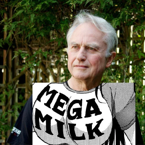 We Are All Africans — Dawkins photo edited to show the anime 'Mega Milk' shirt instead of his original tee.