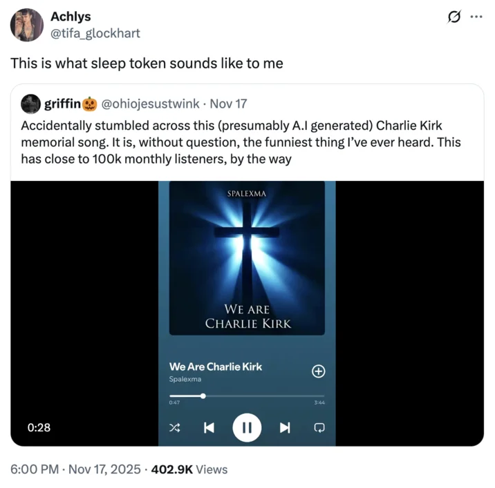 We Are Charlie Kirk By Spalexma — Twitter screenshot of Spotify player with AI song.