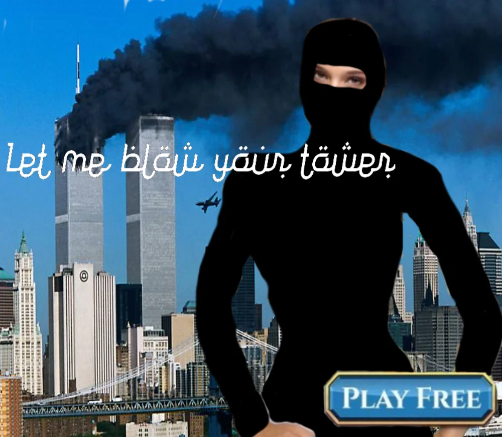 We Are Fucking Under Attack — Dark meme parody using 9/11 imagery with text 'Let me blow your tower' in the ad format