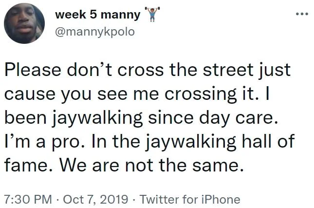 Manny K Polo tweet about jaywalking ending with 'we are not the same'