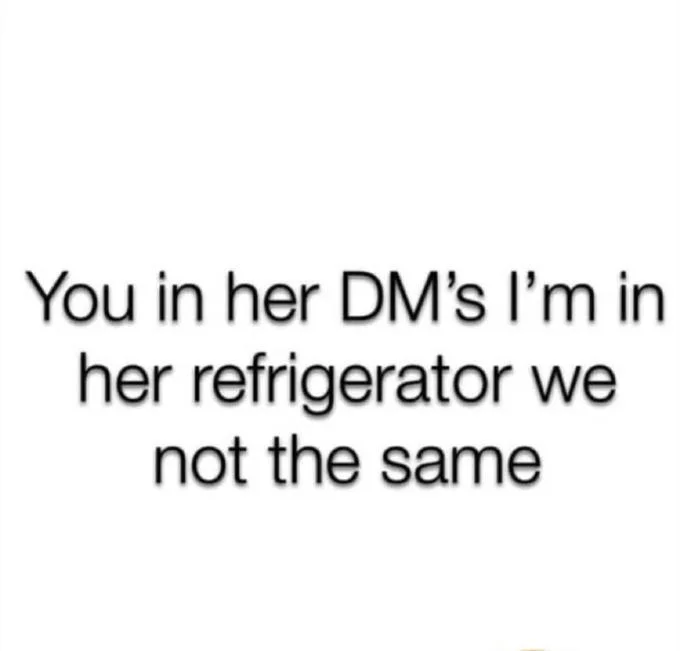 We Are Not The Same — Black text on white image reading 'You in her DMs I'm in her refrigerator we not the same'