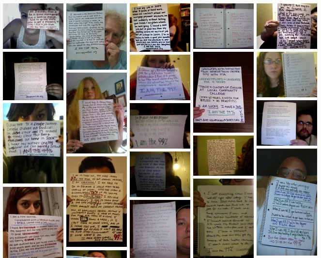 Grid collage of many participants in the We Are the 99 Percent Tumblr blog holding handwritten signs.