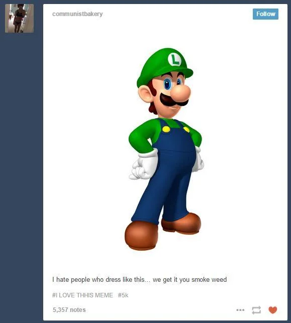 We Get It, You Smoke Weed — Tumblr post of Luigi in green cap and overalls with 'we get it you smoke weed' caption