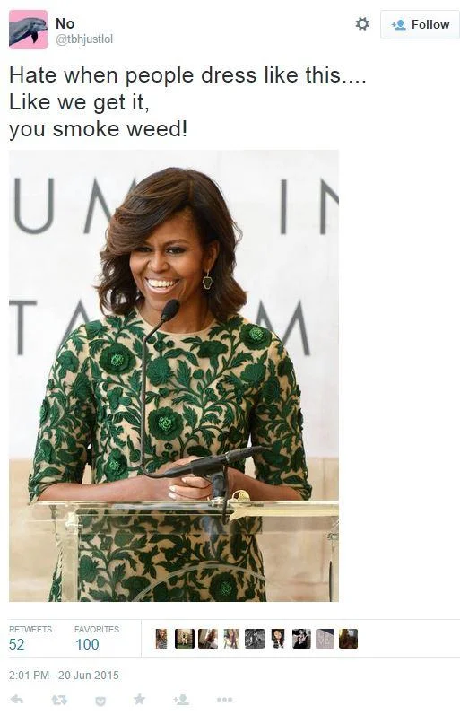 Tweet of Michelle Obama in green floral dress with 'we get it, you smoke weed' caption