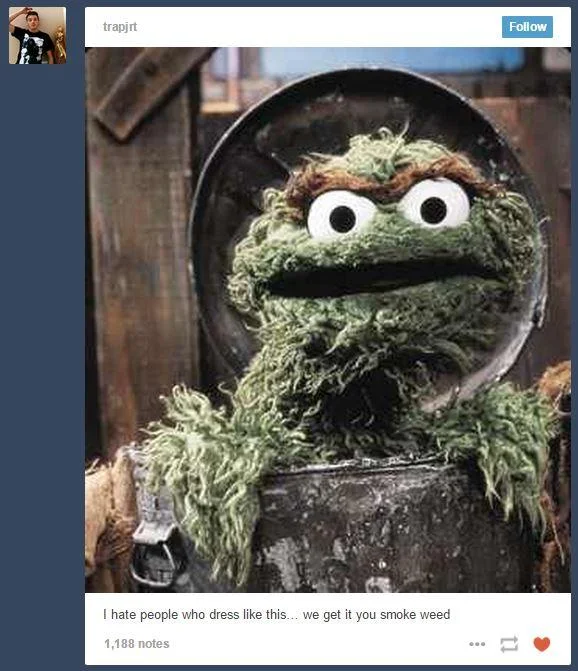 We Get It, You Smoke Weed — Tumblr post of green Oscar the Grouch in trash can with 'we get it you smoke weed' caption