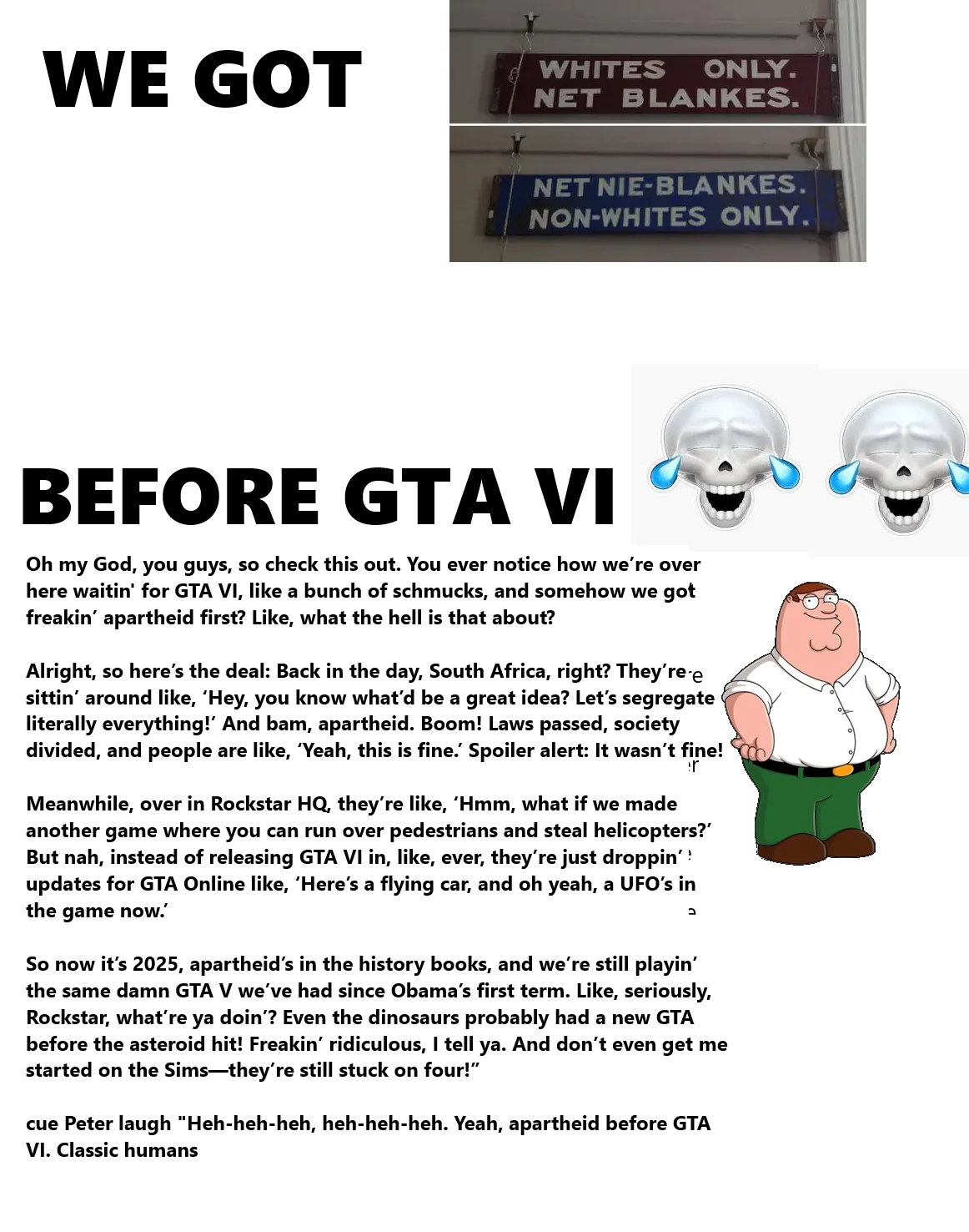 We Got X Before GTA 6 — Meme reading 'We got apartheid before GTA VI' with South African segregation signs and Peter Griffin