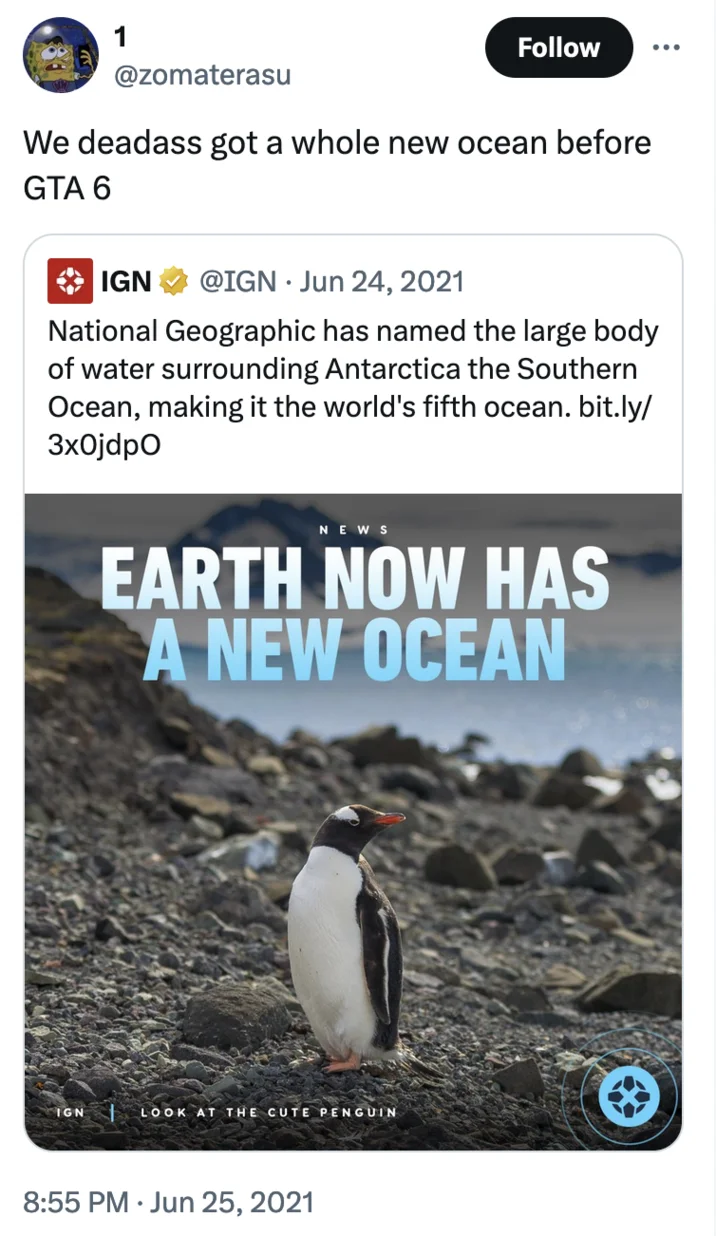 We Got X Before GTA 6 — Tweet by @zomaterasu quoting IGN news about a new ocean, captioned 'before GTA 6'