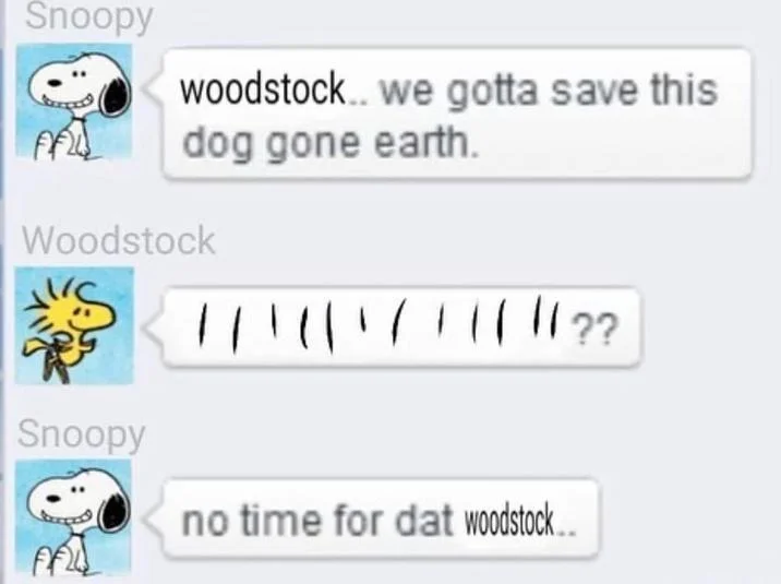 We Gotta Save This Dog Gone Earth — Peanuts variant of the meme featuring Snoopy and Woodstock, with Woodstock's reply shown as tally-mark bird speech.