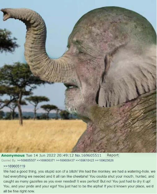We Had A Good Thing You Stupid Son Of A Bitch — Elephant with Mike Ehrmantraut's face pasted on it, accompanied by a nature-themed copypasta variant