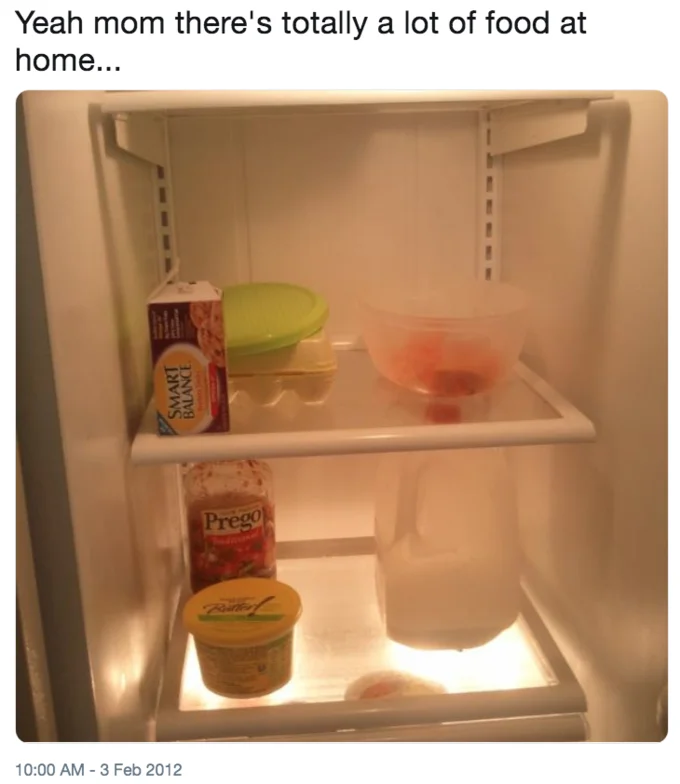 We Have Food at Home — Tweet with photo of an almost empty fridge mocking a mom's claim that there is food at home