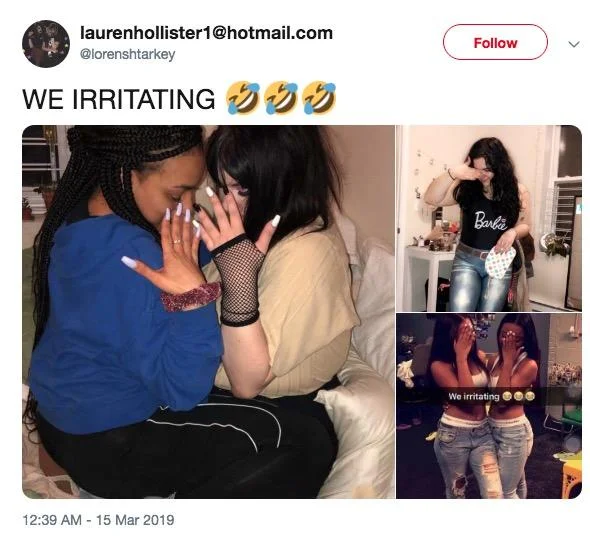 Tweet by @lorenshtarkey saying 'WE IRRITATING' with a collage of three paired-friend photos