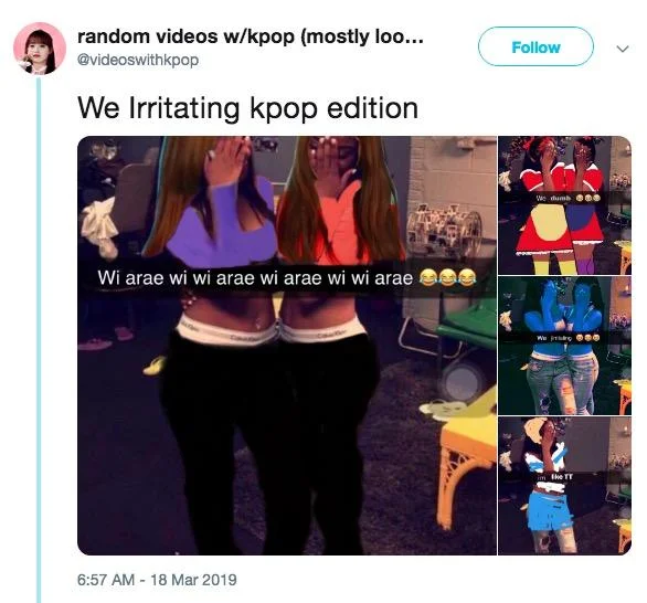 Tweet 'We Irritating kpop edition' showing K-pop idols posed like the original meme