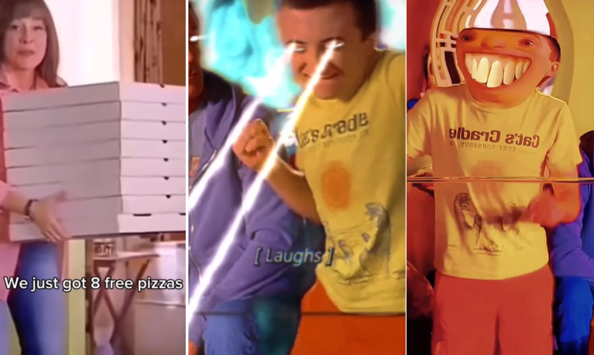 Three-panel meme collage with pizza boxes captioned 'We just got 8 free pizzas' next to surreal glowing-eyed edits of a boy in a yellow shirt
