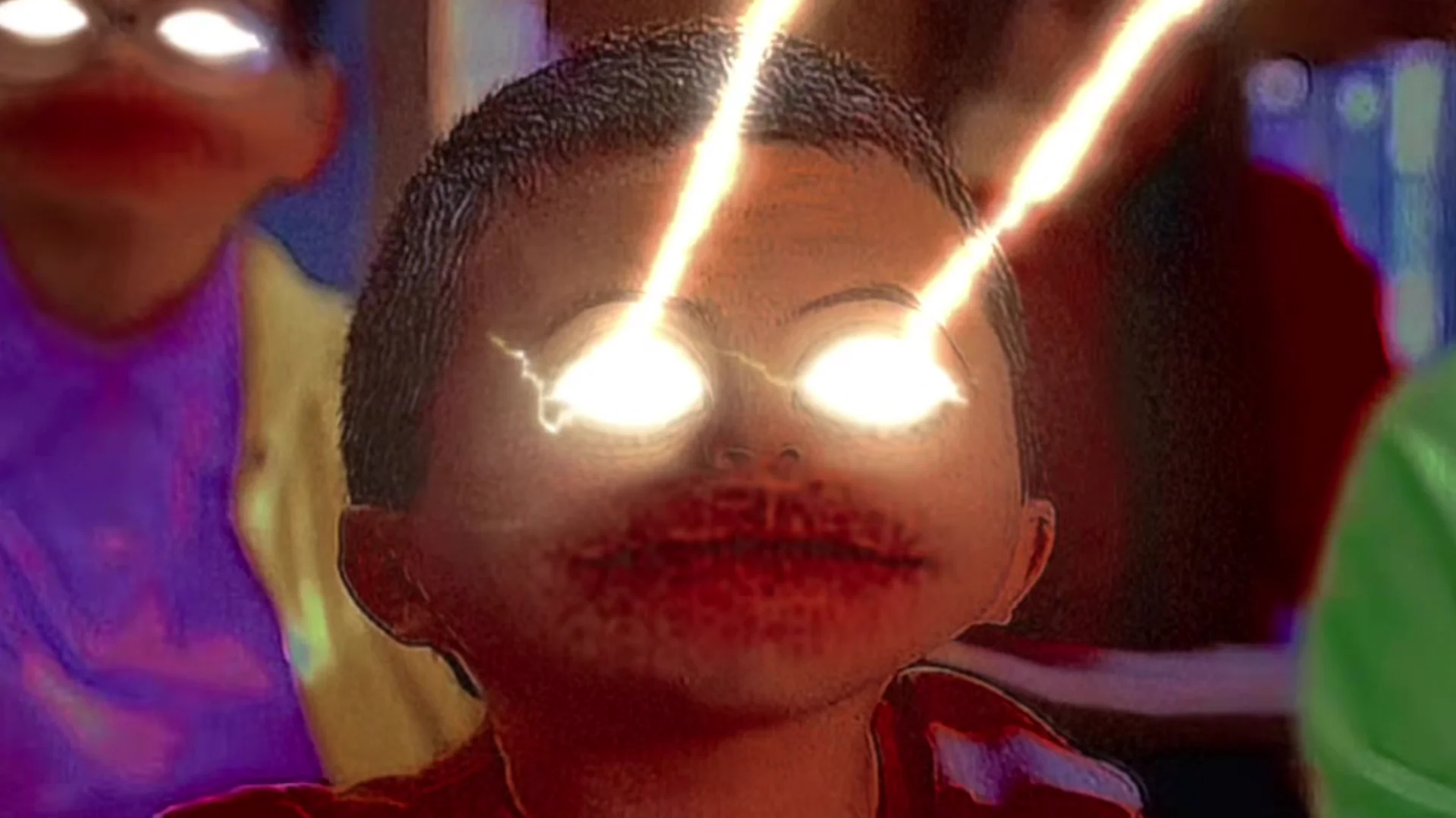 We Just Got 8 Free Pizzas — Close-up edit of a boy with glowing eye beams and distorted red lips in a heavily saturated schizo-style meme