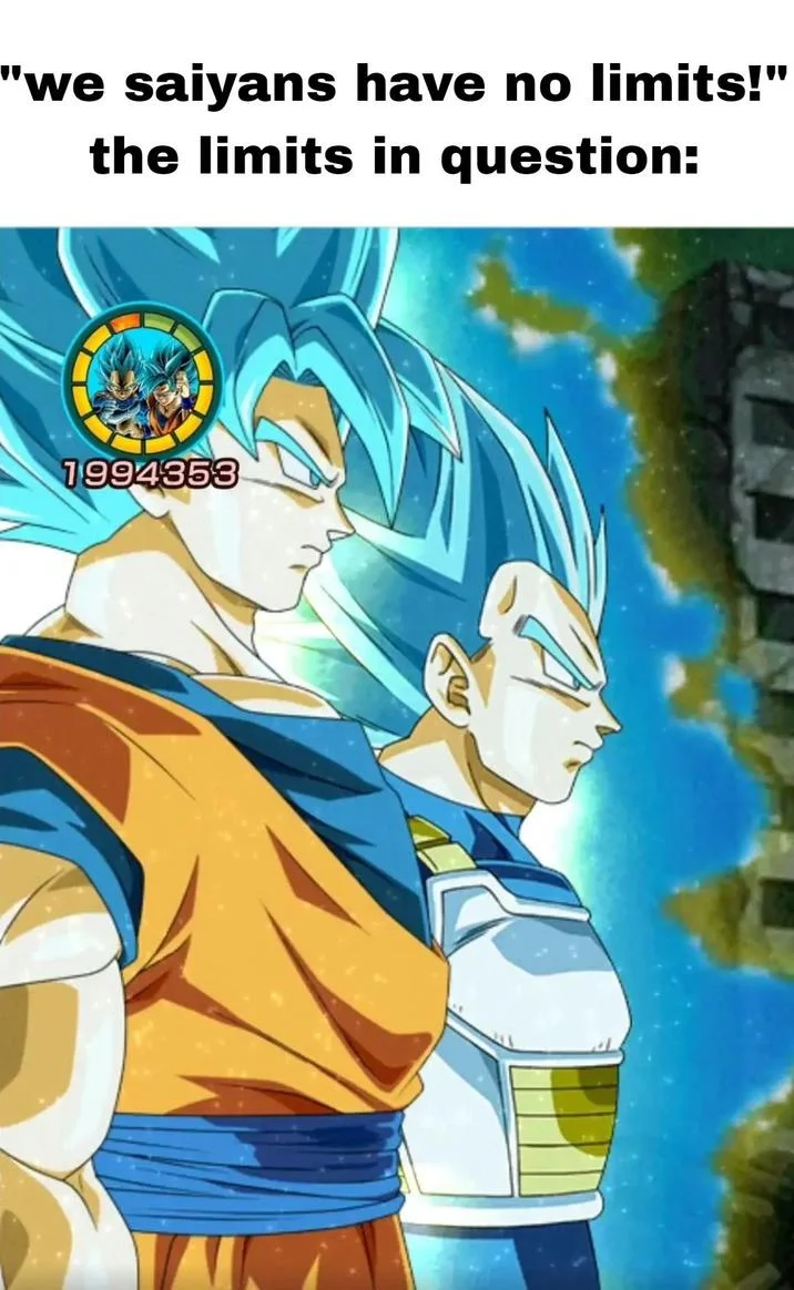 We Saiyans Have No Limits — Goku and Vegeta in Super Saiyan Blue with meme text.