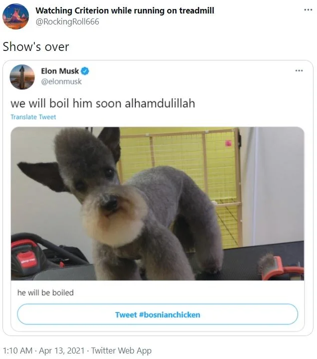 We Will Boil Him Soon Alhamdulillah — Elon Musk sharing meme with viral text.