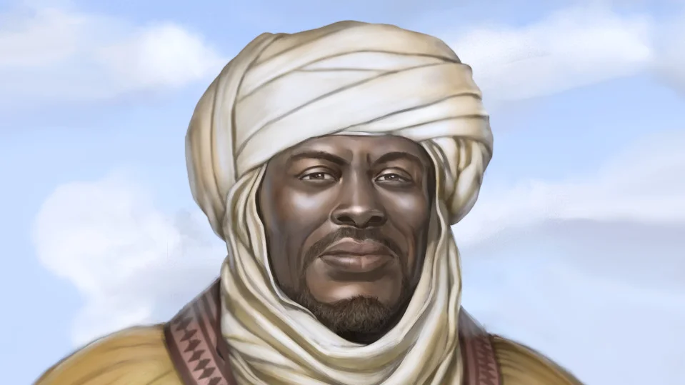 WE WUZ KINGS — Digital portrait of a Black man in white turban depicted as a medieval African king
