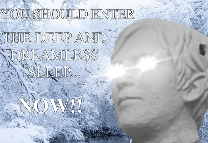 Weezer — Snowy winter meme with a pale face and glowing eyes commanding the viewer to enter a deep and dreamless sleep.