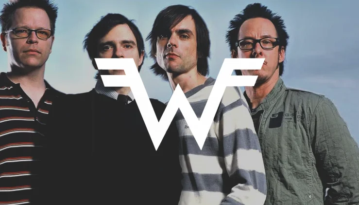 Four members of the rock band Weezer posing together with the white Weezer W logo overlaid in the center.