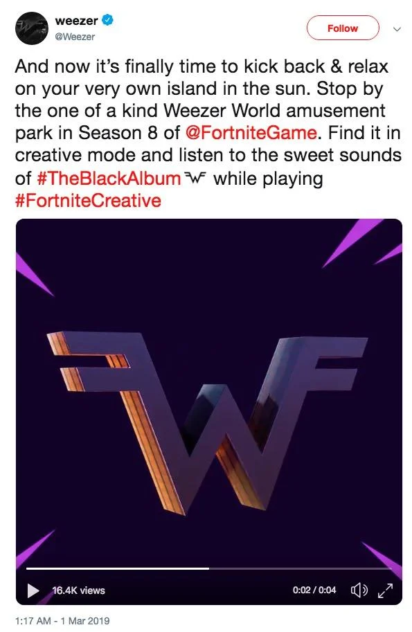 Weezer's official Twitter promoting the Weezer World Fortnite Creative mode island with the 3D W logo.