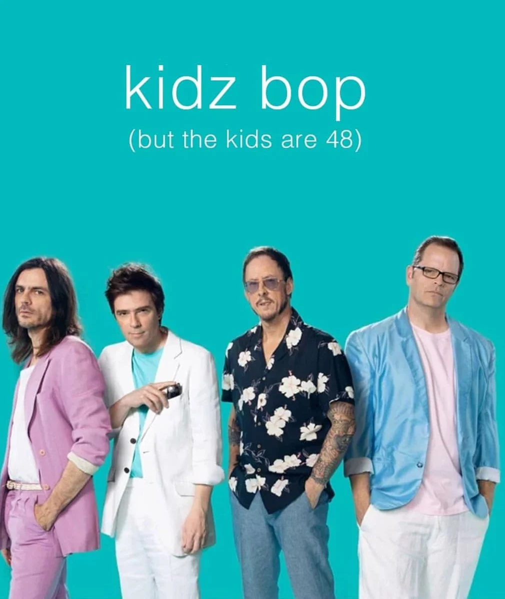 Weezer band photo in pastel outfits captioned 'kidz bop (but the kids are 48).'