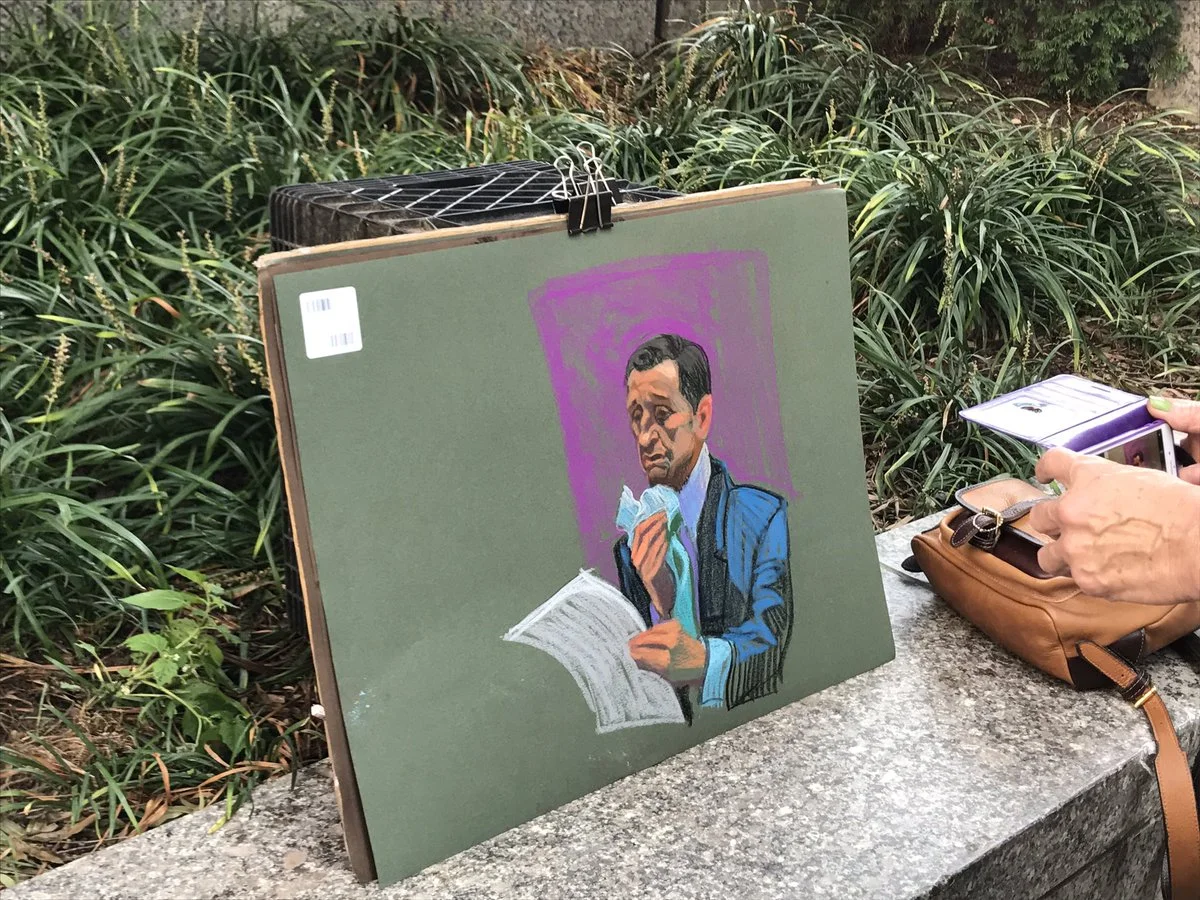 Weinergate — Courtroom sketch of Anthony Weiner reading document with tissue in hand