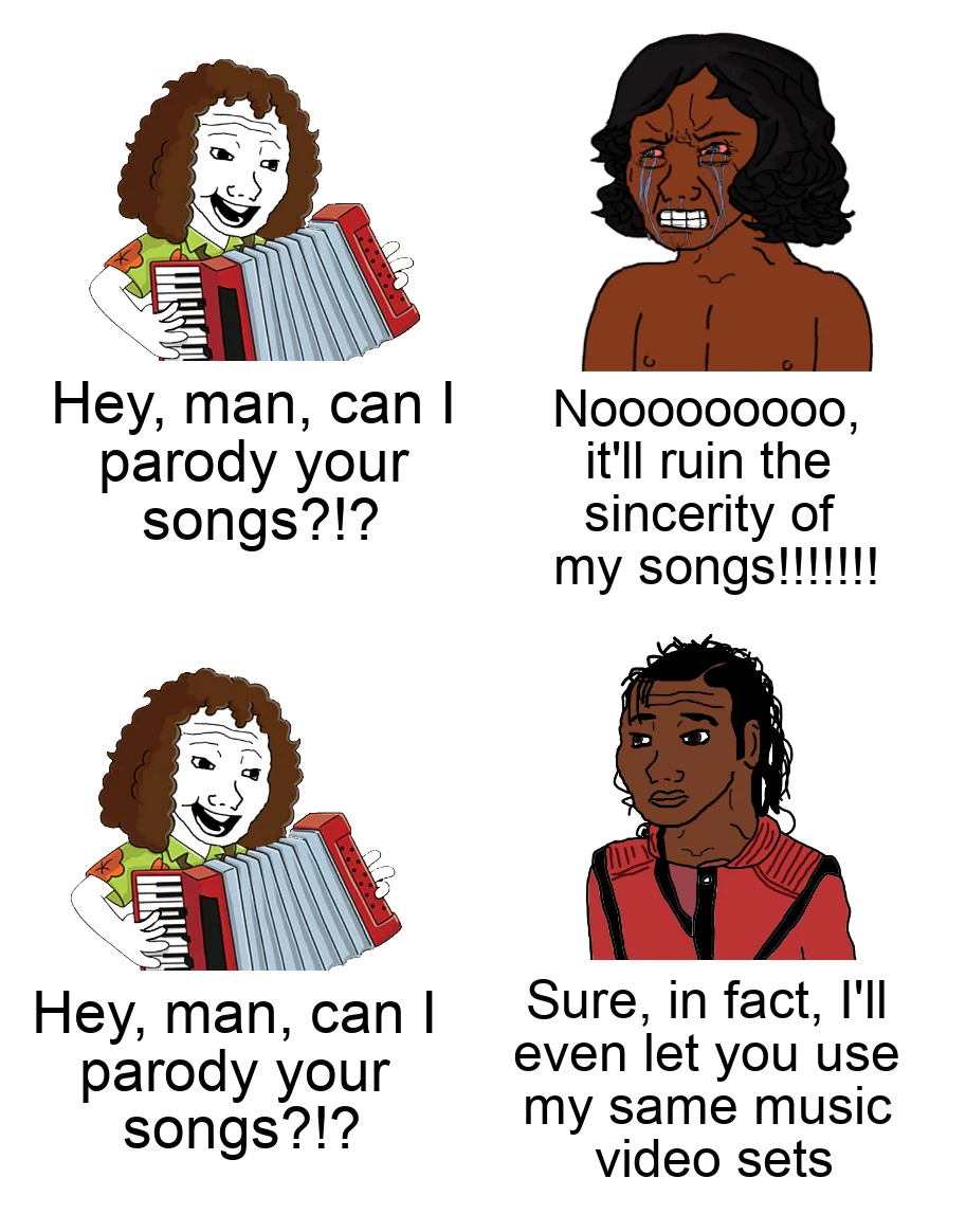 "Weird Al" Yankovic — Four-panel wojak meme contrasting a tearful refusal with Michael Jackson's gracious yes to Weird Al parodies