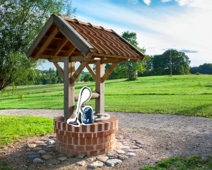 Well That Sucks — Brick wishing well with tiled roof in a field with a vacuum cleaner on top