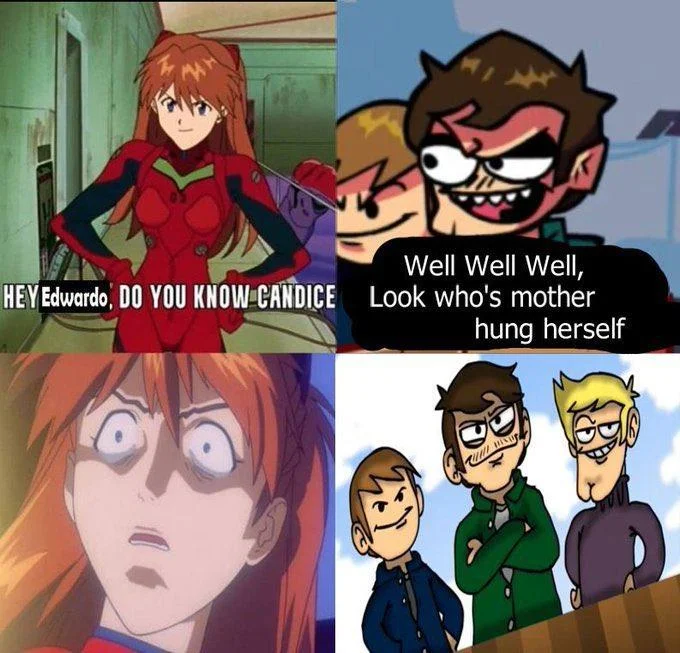 Well Well Well Eduardo — Four-panel meme pairing Evangelion's Asuka with Eddsworld's Eduardo, with 'Well Well Well' punchline about Asuka's mother.