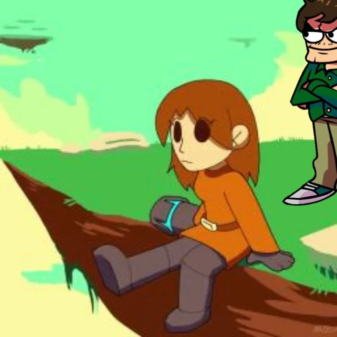 Well Well Well Eduardo — Sad orange-haired cartoon girl on a log with an Eduardo cutout pasted in the top right.