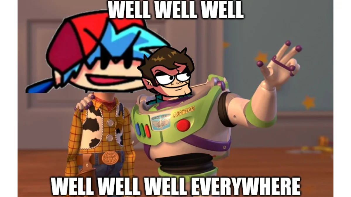 Well Well Well Eduardo — Toy Story 'X Everywhere' meme with Eduardo's face on Buzz Lightyear and Boyfriend on Woody, captioned 'Well Well Well, Well Well Well