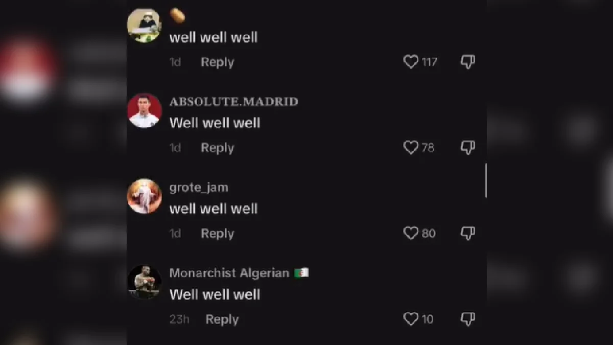 Well, Well, Well — TikTok comments section with multiple users posting 'well well well' replies