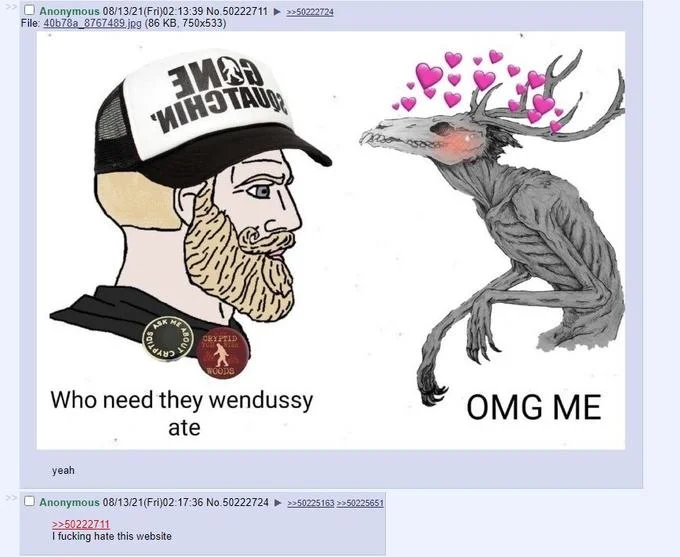 4chan screenshot of 'wendussy ate' Wojak paired with a lovestruck Wendigo