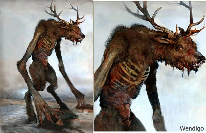 Concept art diptych of an emaciated antlered Wendigo creature with 'Wendigo' label