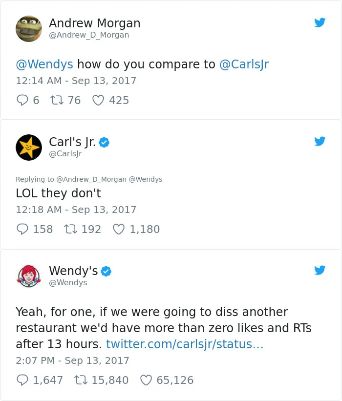 Wendy's Twitter — Lengthy roast to Carl's Jr about brand metrics.