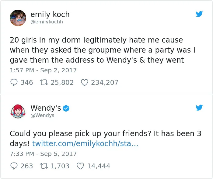 Wendy's Twitter — Twitter roast about dorm mates getting restaurant address.