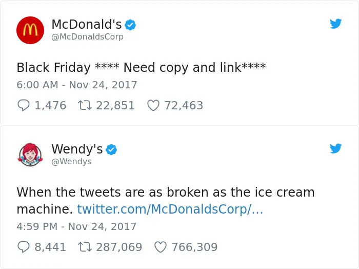 Wendy's Twitter — Black Friday exchange mocking McDonald's ice cream machines.
