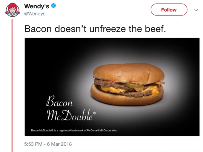 @Wendys — Wendy's tweet mocking McDonald's Bacon McDouble about frozen beef