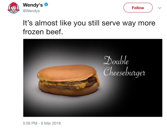 @Wendys — Wendy's tweet mocking McDonald's Double Cheeseburger as frozen beef